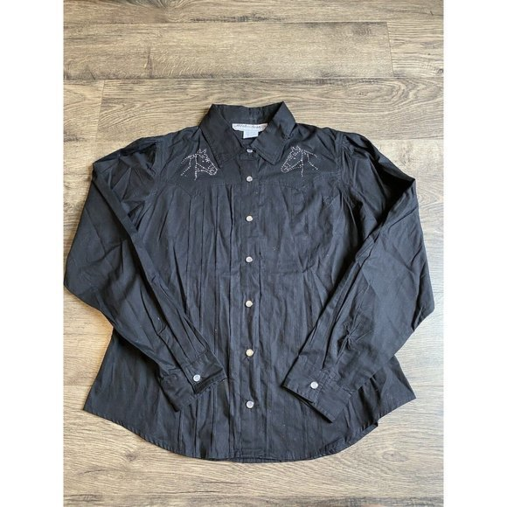 EUC Womens VTG Adobe Rose western cowgirl studded Horse button up Black size‎ L